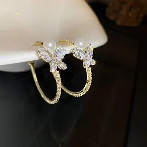 Women's Crystal Butterfly Pearl Half Hoop Earrings thumbnail 2
