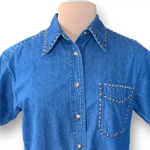 Vintage Studded Denim Western Shirt Medium Blue 90s Boho Festival‎ Cowgirl Top thumbnail 2