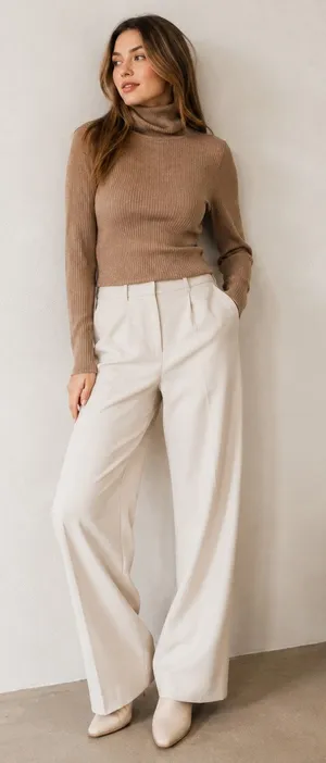 Group Babaton Tan Ribbed Turtleneck Sweater Womens M Neutral Classic Minimalist thumbnail 1