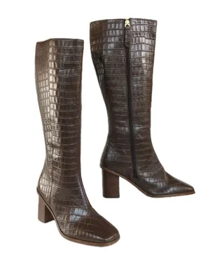 JOURNEE COLLECTION Tamori Leather Boot Brown Croc Embossed Knee High Women's 9.5 thumbnail 1