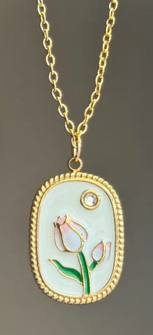 Handmade gold tone stainless steel cute chic tulip necklace🌷🩷 thumbnail 1