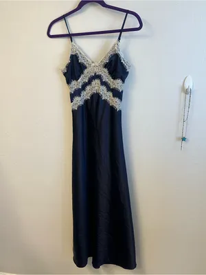 Lace-Trim Satin Slip Dress - Navy thumbnail 2