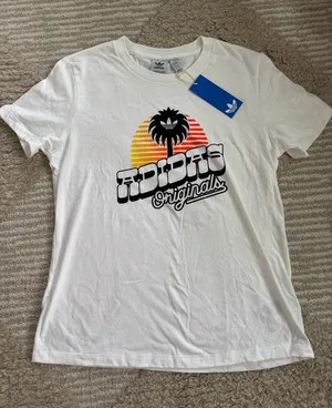 NWT Adidas White Graphic Tee with Sunset Palm thumbnail 1