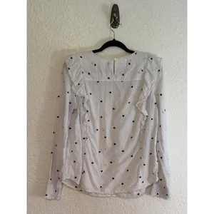 LOFT Blouse White M Womens Heart Print Ruffle Smocked Swiss Dot Long Sleeve thumbnail 8