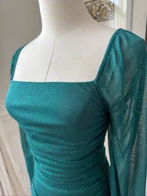 Vintage Y2K Jump Apparel Green Glitter Ruched Long Sleeve Mini Dress XS thumbnail 4