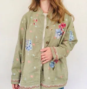 Denim & Co Vintage Floral Olive Jacket Button Up Flowers Butterflies Green Pockets thumbnail 1
