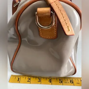 Dooney & Bourke Patent Leather Barrel Satchel in Taupe/Putty gray Vachetta Trim thumbnail 15