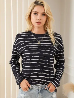 NEW Black Long Sleeve Casual Crewneck Top with White Abstract Stripes thumbnail 4