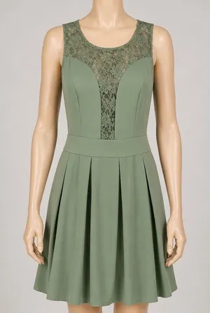 TCEC Sage‎ Green Lace Inset Bow Back Fit and Flare Pleated Mini Dress Medium thumbnail 1