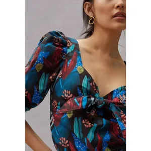 Eva Franco Tropical Sweetheart Tie‎ Front Puff Sleeve Blouse 4 Midnight Jungle thumbnail 2