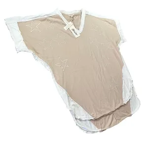 Blue Velvet Tan Star Embroidered V-Neck‎ Cotton Top Two-Tone Boho NEW Oversized thumbnail 4