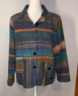Trisha Tyler Knit Jacket‎ Blue Orange Multi Striped Button Front blazer Funky Size L thumbnail 1