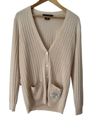 Ralph Lauren X Wimbledon Cream Ribbed Knit Button Crest Cardigan Sweater Medium thumbnail 1