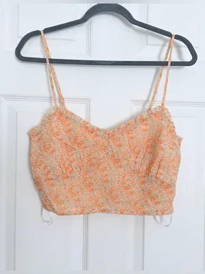 NWT Lulus Ruche Toward Spring V-Neck Cropped Cami Tank - Orange/Floral - M thumbnail 6