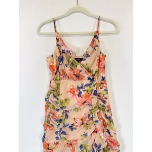 Lulus Dress Blush Pink Stunning Soiree Floral Ruched Midi V Neck Chiffon Small thumbnail 9