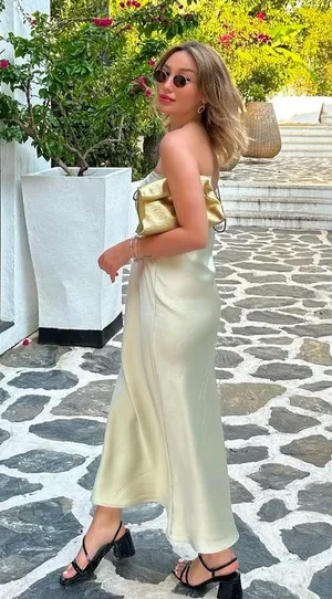 ZARA midi dress satin sleeveless tube olive green wedding party summer thumbnail 9