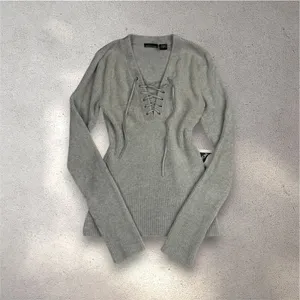 VTG Moda International Lace-Up Long Sleeve Women’s M Gray Ribbed Y2K Cozy Grunge thumbnail 2