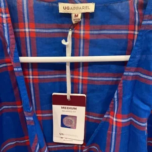 UG Apparel Kansas Jayhawks‎ Womens Medium Blue Plaid Surplice Wrap Top NWT NCAA thumbnail 3