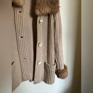 American Vintage Vintage 70s Chunky Wool Knit Cardigan Sweater Fur Trimm Sz Medium Tan‎ thumbnail 3