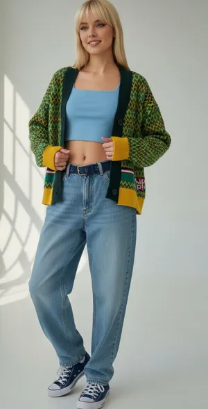 Oversized Diamond Patterned Cardigan Sweater Green Size undefined thumbnail 1