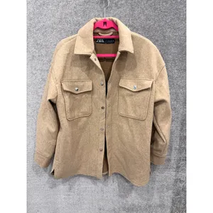 Zara Shirt Jacket Women Medium Camel Tan Oversized Shacket Felted Utility Coat thumbnail 2