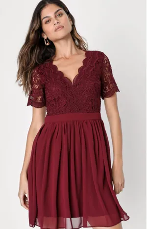 Lulus Angel in Disguise Burgundy Lace Skater Dress Bridesmaid Formal Wedding S thumbnail 1