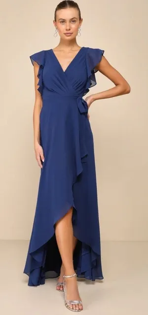 NWT Lulus Ravishing Charm Dark Blue Ruffled Wrap High-Low Maxi Dress Wedding M thumbnail 1