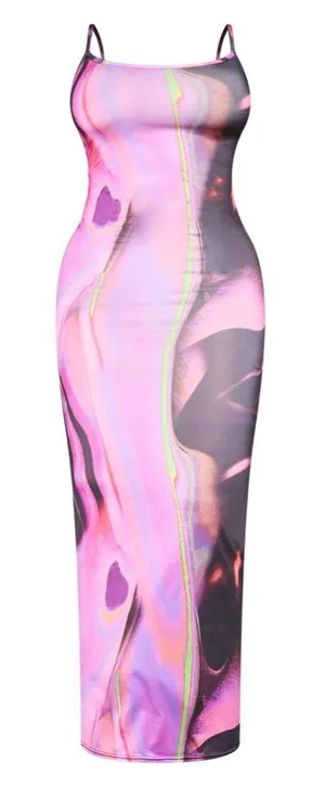 Pretty Little Thing SHAPE PINK ABSTRACT PRINT SLINKY SPAGHETTI STRAP MIDI DRESS thumbnail 1