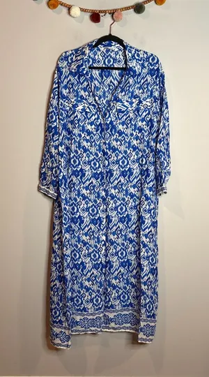 Zara Blue & White Printed Midi Shirt Dress thumbnail 1