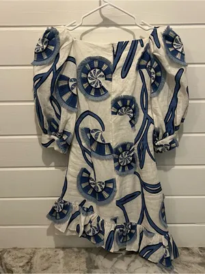 Alexis White Mini Dress with Blue Abstract Fan Print and Puff Sleeves thumbnail 6