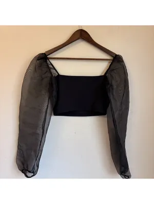 Lulus Black Square Neck Sheer Puff Sleeve Crop Top Size Small thumbnail 3
