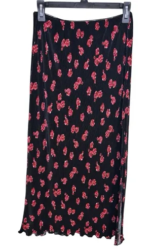 Black Midi Skirt with Red and Pink Floral Print Size Medium thumbnail 1