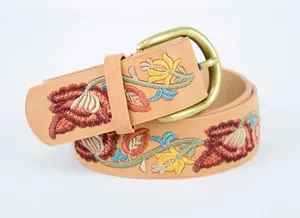 Embroidered Floral Tan Vegan Leather Belt thumbnail 1