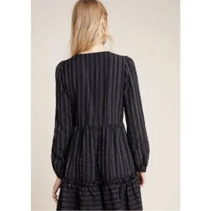 ANTHROPOLOGIE Black Metallic Long Sleeve Pippa Tiered Tunic Dress Medium thumbnail 2