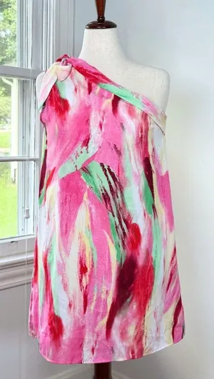 One Shoulder Pink Mini Shift Dress Emery Rose Medium Sleeveless Knee Length Cute thumbnail 1