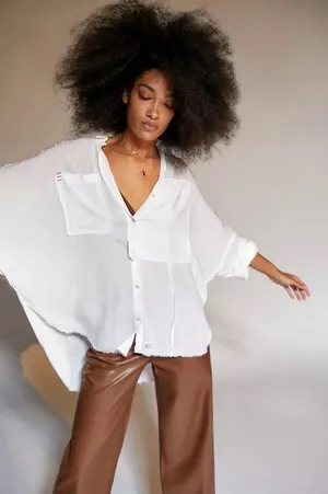 BDG Urban Outfitters Oversized Deconstructed Frayed Button Down Shirt Cream S thumbnail 1