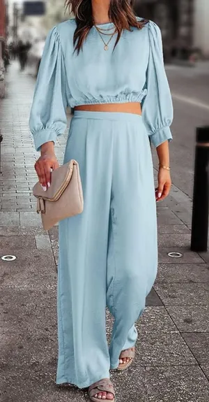PRETTY GARDEN 2-pc Satin Puff Sleeve Crop Top & Pallazo Pant Set Size M thumbnail 1