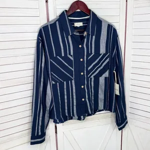Sandy & Sid Striped Long Sleeve Button‎ Up Crop Shirt Blue White Large thumbnail 7