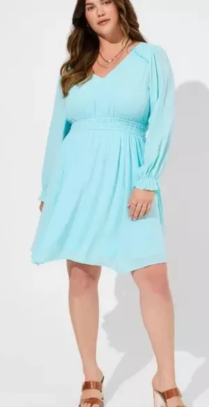 Torrid Mini Dress1X Blue Excellent Smocked Waist V-Neck‎ Ruffle Long Sleeve thumbnail 1