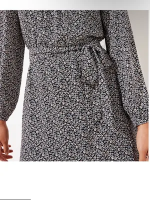 LOFT Ruffle Yolk Neck Tie Waist Long-Sleeve Floral Print Dress thumbnail 3