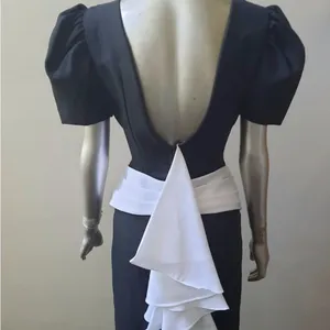 Vintage 80s Black White Puff Sleeve Column Maxi Dress Open Back Prom Goth Formal thumbnail 3