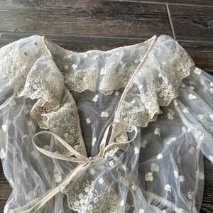 Cider Sheer Mesh V-neck Floral Embroidered Ruffle Blouse with Bell Sleeves thumbnail 5