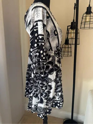 Farm Rio Black White Printed Puff Sleeve Mini Dress Small Boho Floral Resort thumbnail 6
