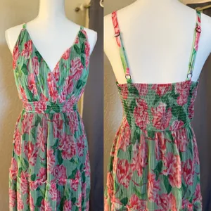 Lapis Womens‎ Floral Pleated Mesh Maxi Dress Pink Green Smocked Waist Medium thumbnail 7