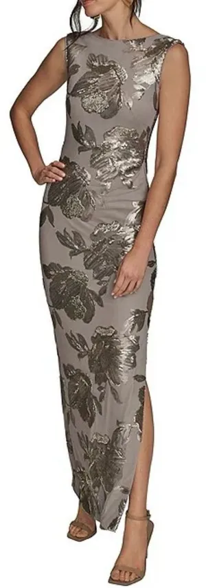 NEW Donna Karan Sequin Floral Sleeveless Dark Clay Gown Sz 10 thumbnail 1