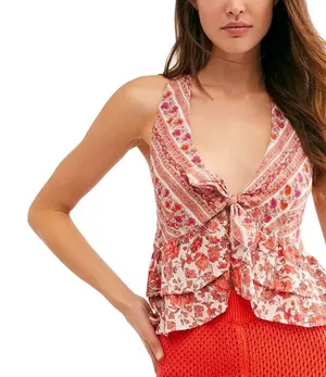 Free People Floral Halter Top S Orange Pink Ruffle Tie Front Boho NEW Love Charm thumbnail 1