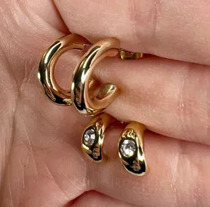 Shiny Gold Tone Huggie Hoops Rhinestone Pierced Earrings Set thumbnail 6