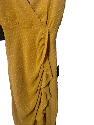 Lulus Mustard Yellow Ruffled Wrap Midi Dress NWT Small Wedding Guest Formal thumbnail 6