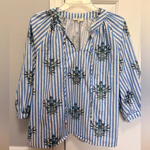 Entro Coastal‎ Resort Blue White Stripe Floral Print Tassel Blouse Top Large thumbnail 2