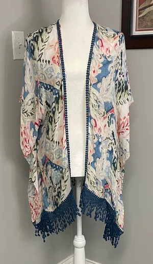 Chicos Floral crochet tassel loose cardigan shawl lightweight colorful S/M thumbnail 1